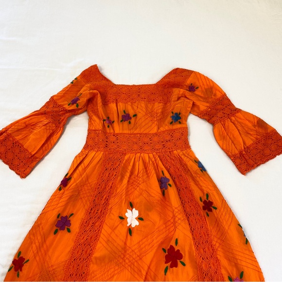 Vintage Boho Embroidered Floral Orange Maxi Dress Bell Sleeves Small - Picture 16 of 16
